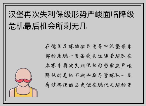 汉堡再次失利保级形势严峻面临降级危机最后机会所剩无几