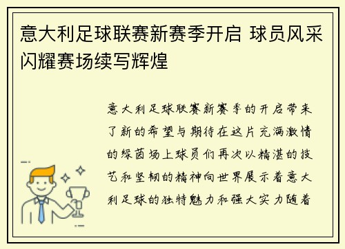 意大利足球联赛新赛季开启 球员风采闪耀赛场续写辉煌