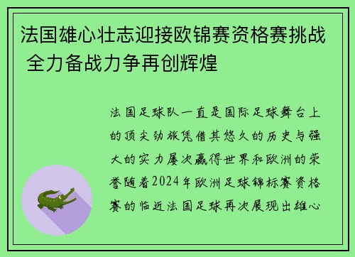 法国雄心壮志迎接欧锦赛资格赛挑战 全力备战力争再创辉煌