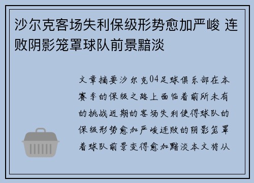 沙尔克客场失利保级形势愈加严峻 连败阴影笼罩球队前景黯淡