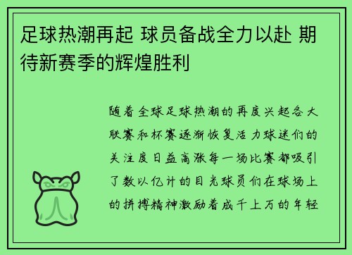 足球热潮再起 球员备战全力以赴 期待新赛季的辉煌胜利