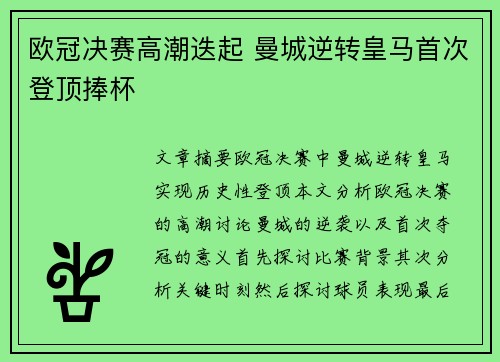 欧冠决赛高潮迭起 曼城逆转皇马首次登顶捧杯